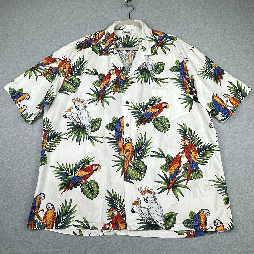 VTG Pacific Legend Hawaiian Shirt Mens 2XL White Parrots Cockatoos Made in USA